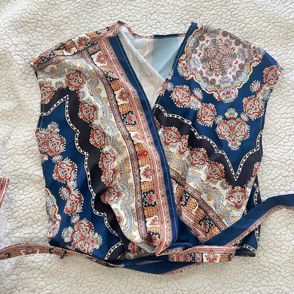 SHEIN Blue and Red Paisley Blouse